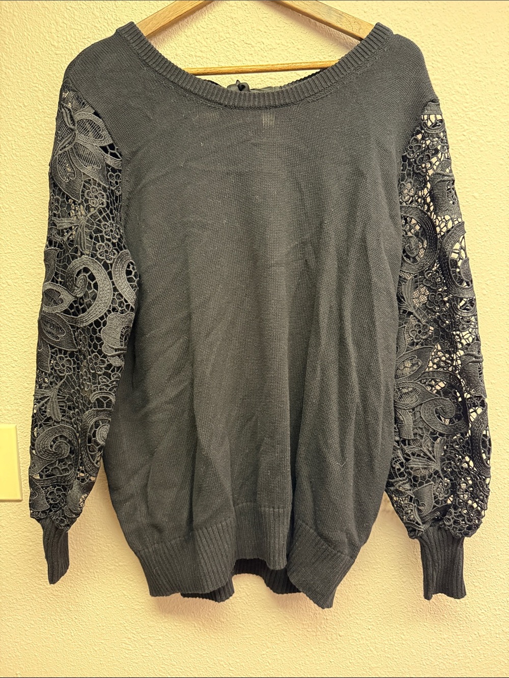 Lace-Sleeve Scoop Neck Sweater — Black
